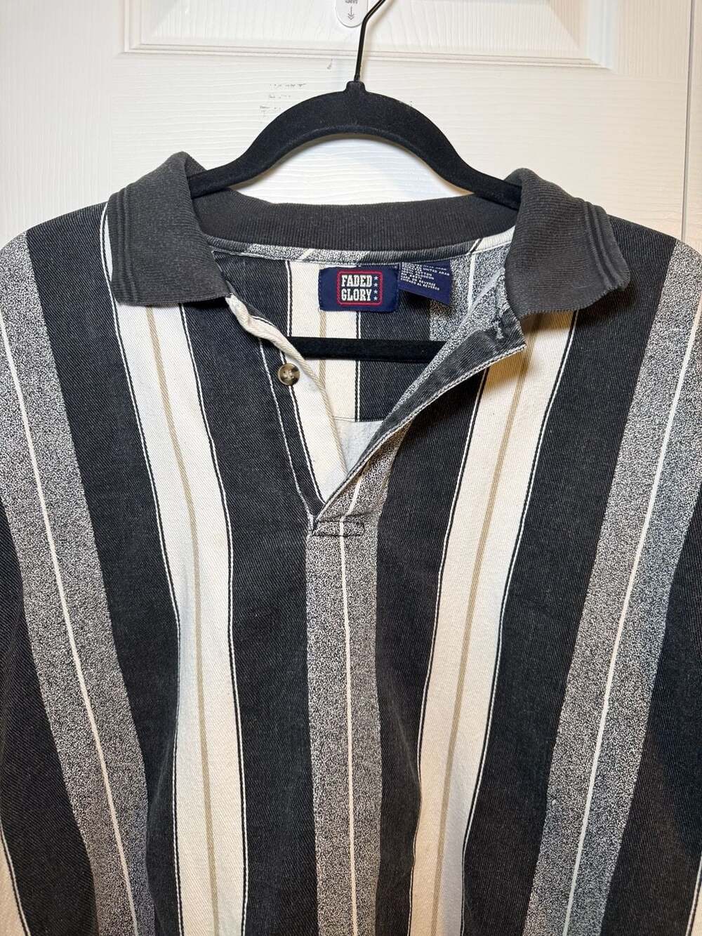 Faded Glory Striped Long Sleeve Polo Shirt Size X-Large Black White Vintage